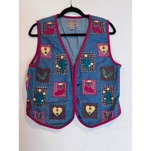 Vintage Ton-TOn Blues Denim Vest Christmas Holiday Patchwork Applique Size L